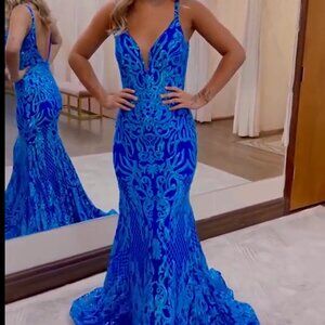 V Neck Sequin Prom Dress Mermaid Spaghetti Straps Sparkly Formal Evening